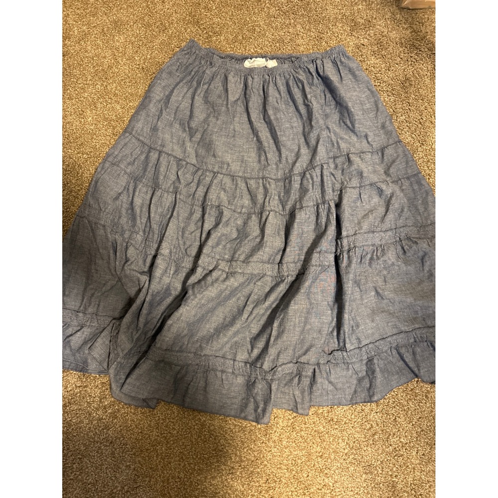 Alfred Dunner Tiered Skirt Womens 12P Blue Excellent Petite Boho Chambray Linen - Picture 1 of 2